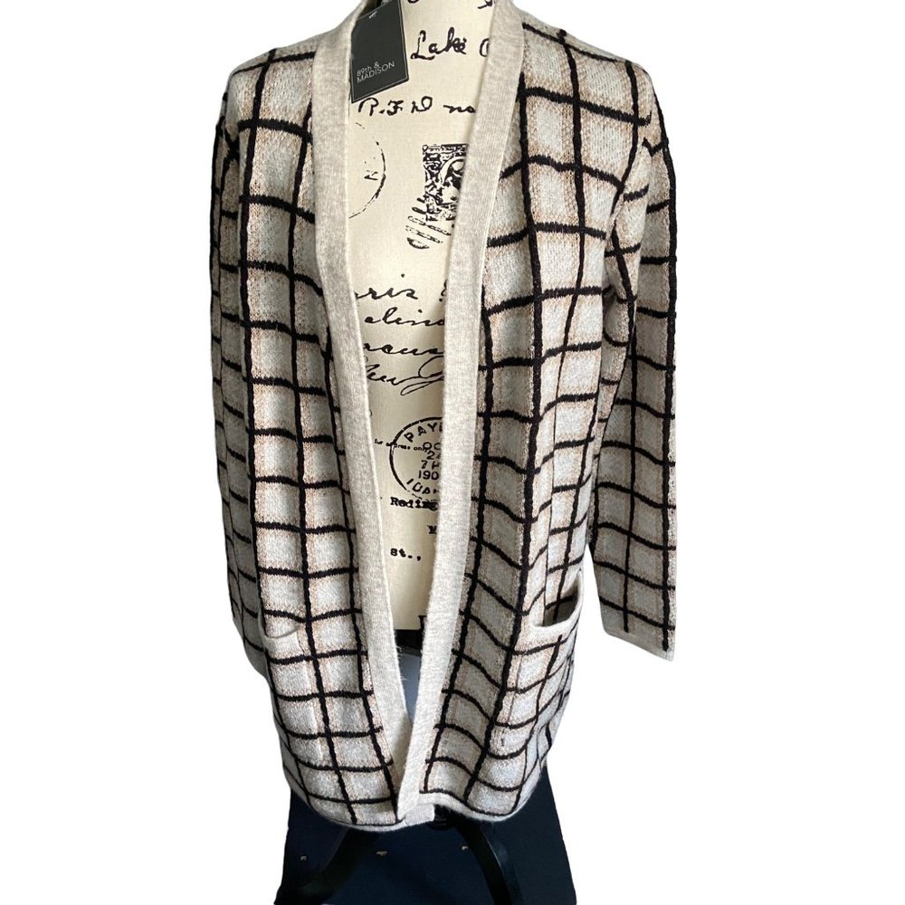 89th and Madison Women's Beige Window Pane Cardigan Sz Large Open Front Sweater